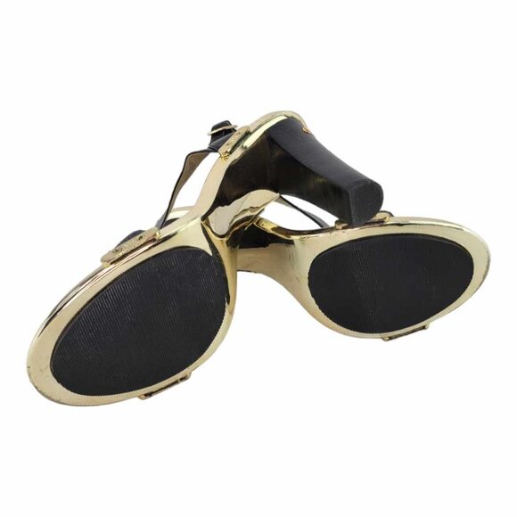 MICHAEL KORS MK LEATHER BLACK - GOLD FULTON T STRAP BLOCK HEELS - Picture 10 of 10